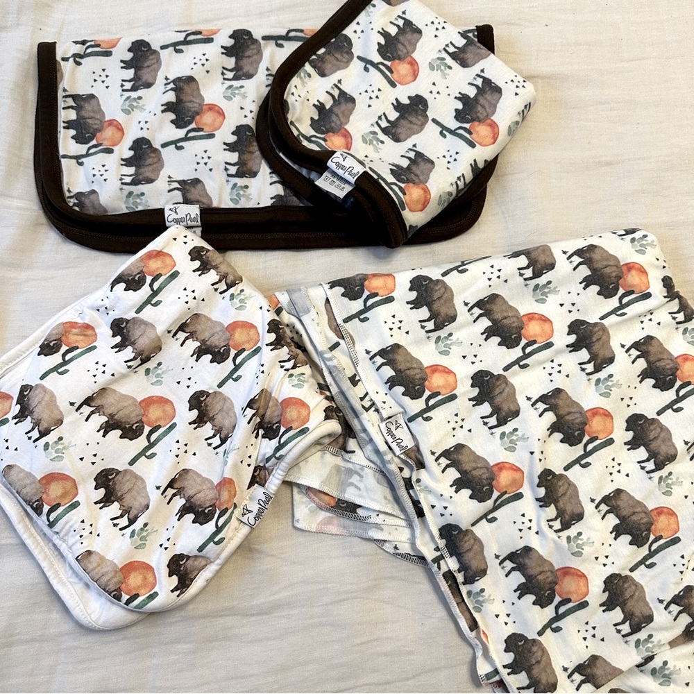 Copper pearl buffalo swaddle burp cloth set